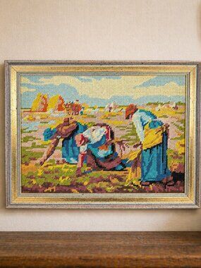 Vintage Needlepoint The Gleaners after Millet Painting, Framed Embroidery Art